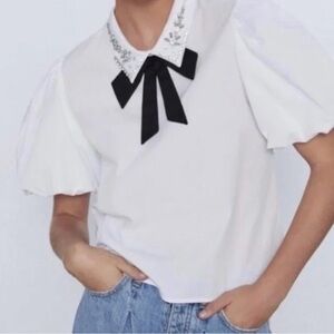 Zara White Blouse with Black Bow and Silver Embellishments